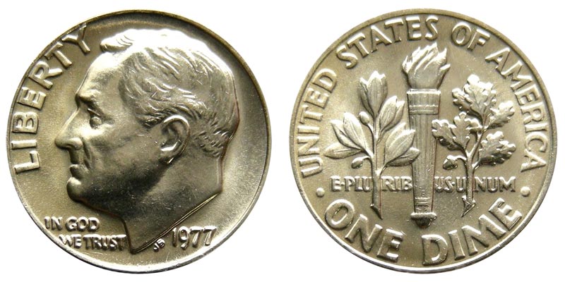 1977 Roosevelt dime obverse and reverse showing the clad coin design