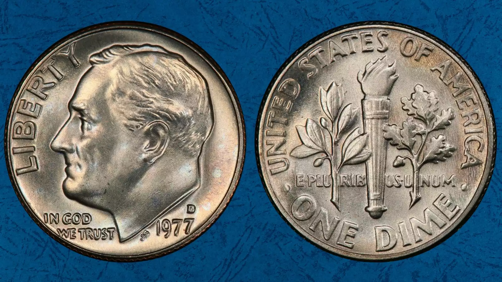 Side-by-side comparison of 1977 Roosevelt dime reverse showing weak-strike bands vs Full Bands separated torch