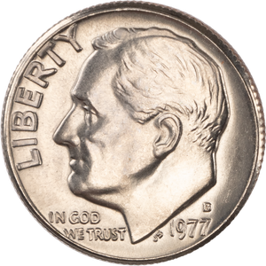 1977 Roosevelt dime lamination error showing clad layer flaking and peeling from the coin surface