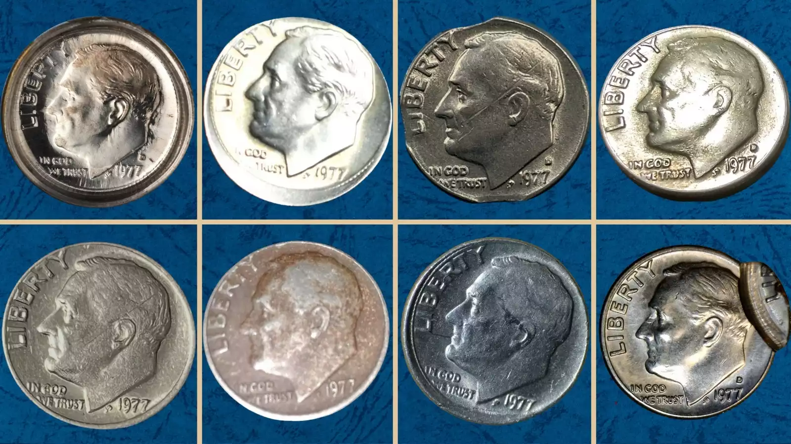 1977 Roosevelt dime grading strip showing four condition tiers from worn to gem uncirculated